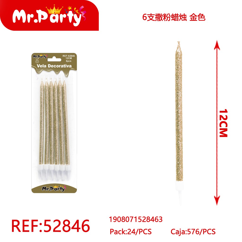 [Mr-52846] SET DE 6 VELAS CON ESCARCHA, DORADO