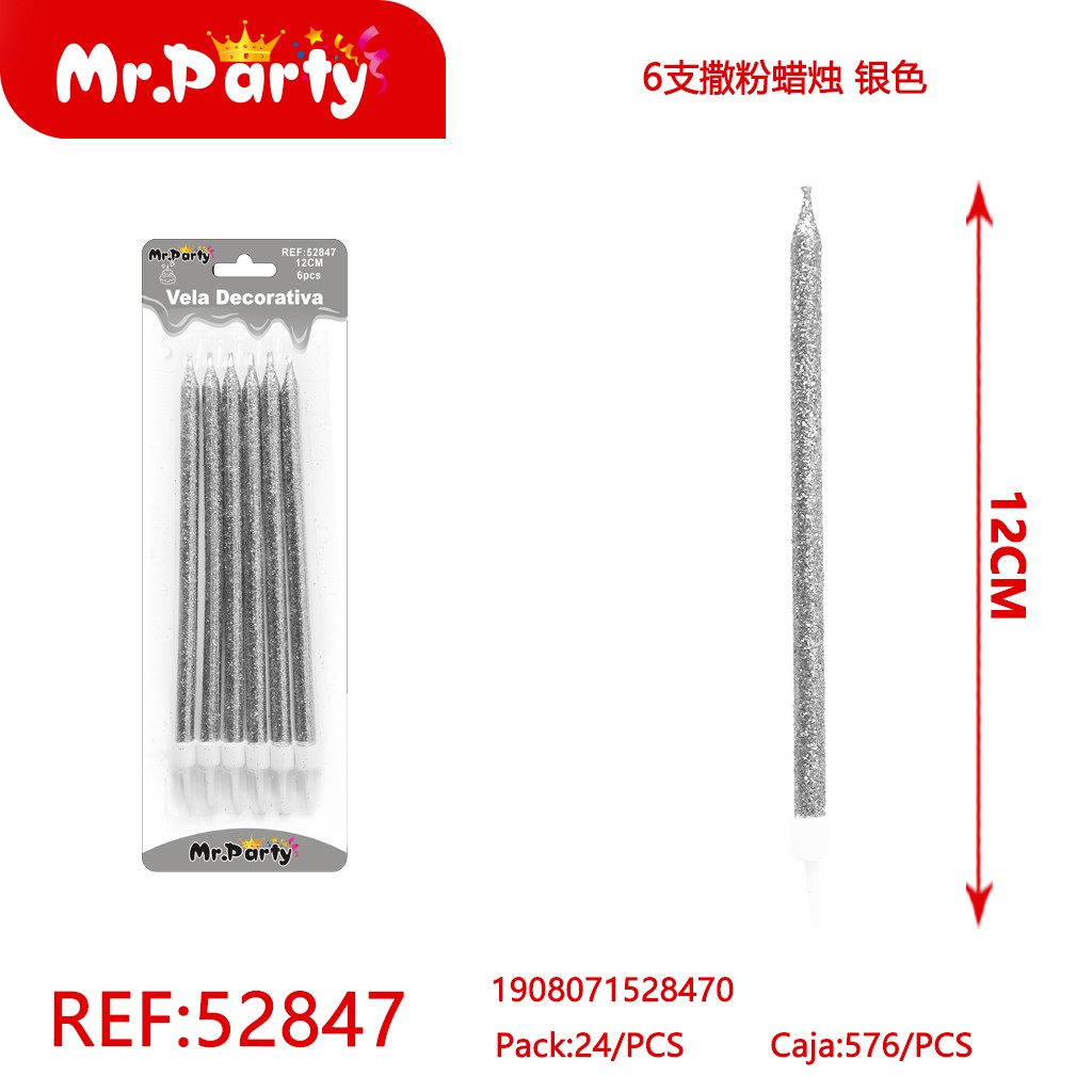 [Mr-52847] SET DE 6 VELAS CON ESCARCHA, PLATEADO