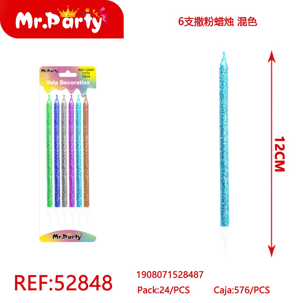 [Mr-52848] SET DE 6 VELAS CON ESCARCHA, COLORES SURTIDOS