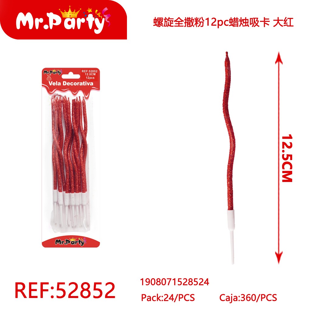 [Mr-52852] VELAS EN ESPIRAL CON ESCARCHA, 12 PIEZAS, TARJETA DE SUCCIÓN, ROJO INTENSO