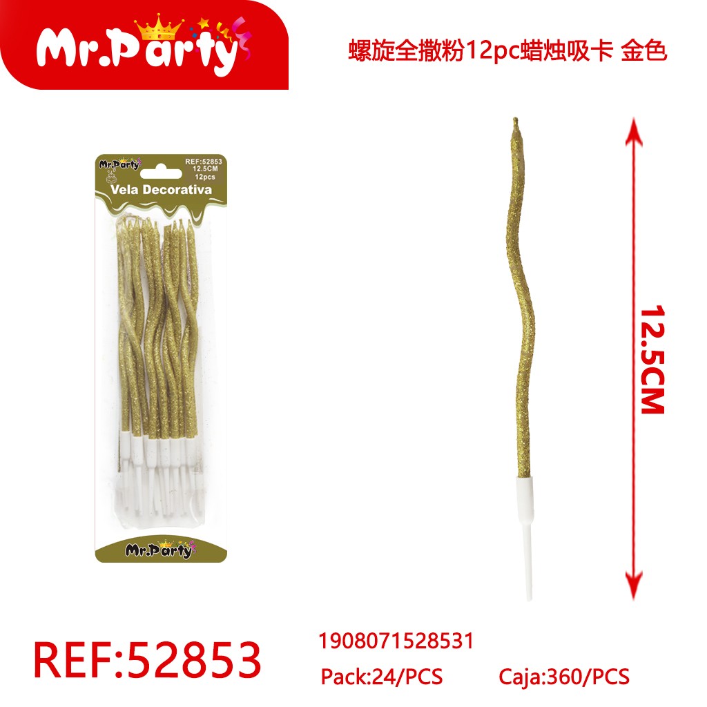 [Mr-52853] VELAS EN ESPIRAL CON ESCARCHA, 12 PIEZAS, TARJETA DE SUCCIÓN, DORADO