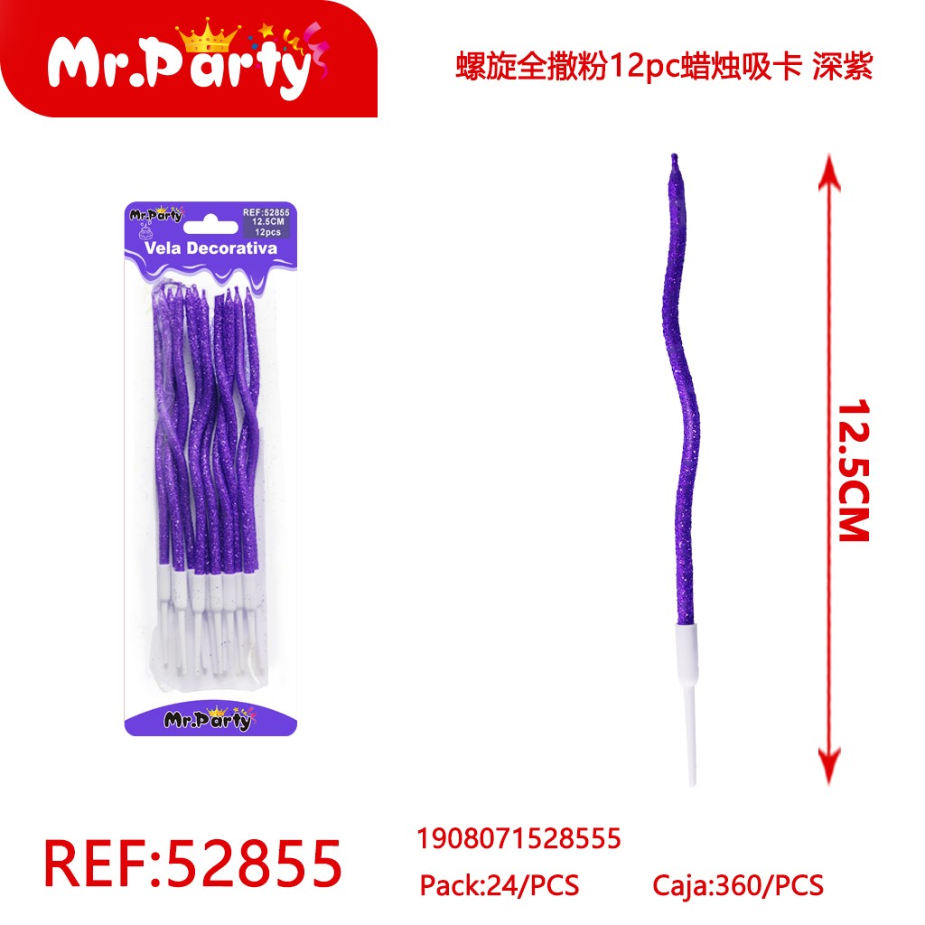 [Mr-52855] VELAS EN ESPIRAL CON ESCARCHA, 12 PIEZAS, TARJETA DE SUCCIÓN, MORADO OSCURO