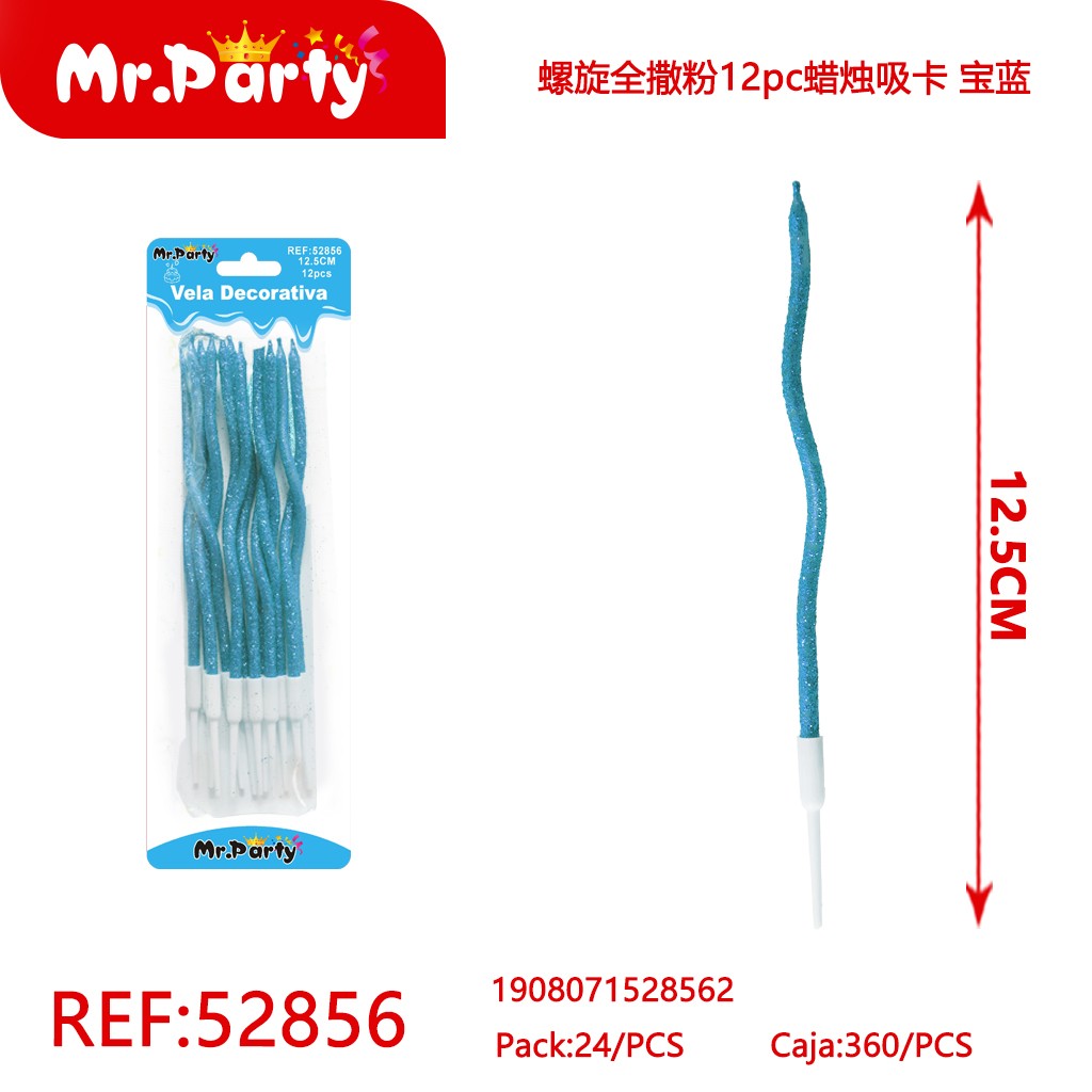 [Mr-52856] VELAS EN ESPIRAL CON ESCARCHA, 12 PIEZAS, TARJETA DE SUCCIÓN, AZUL REAL