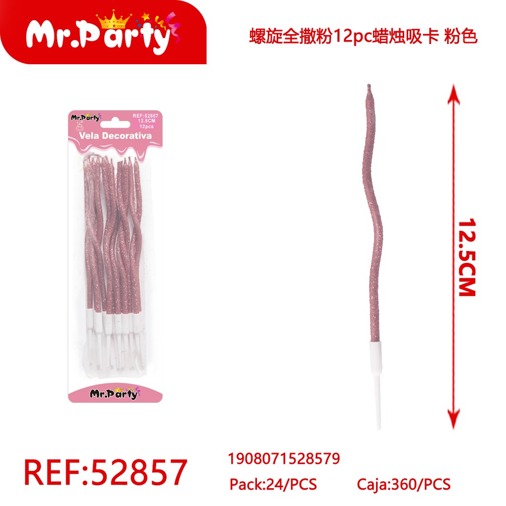 [Mr-52857] VELAS EN ESPIRAL CON ESCARCHA, 12 PIEZAS, TARJETA DE SUCCIÓN, ROSA