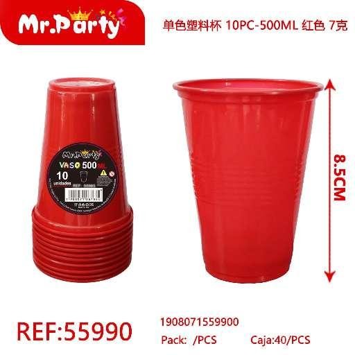 [Mr-55990] VASOS PLÁSTICOS DE UN SOLO COLOR, 10 PIEZAS - 500ML, ROJO, 7G