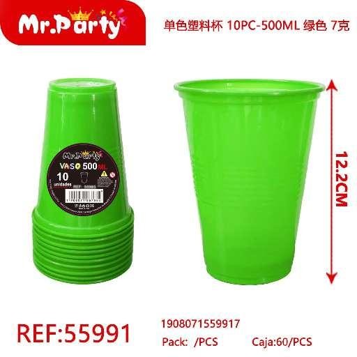 [Mr-55991] VASOS PLÁSTICOS DE UN SOLO COLOR, 10 PIEZAS - 500ML, VERDE, 7G