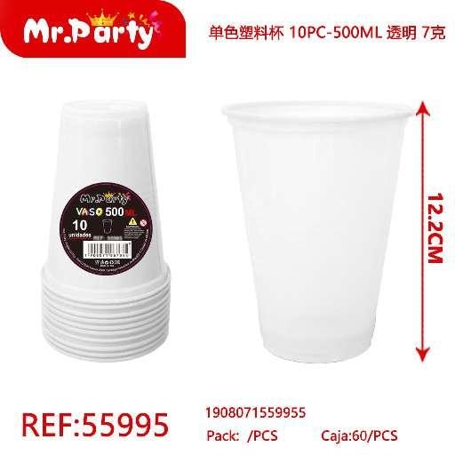 [Mr-55995] VASOS PLÁSTICOS DE UN SOLO COLOR, 10 PIEZAS - 500ML, TRANSPARENTE, 7G